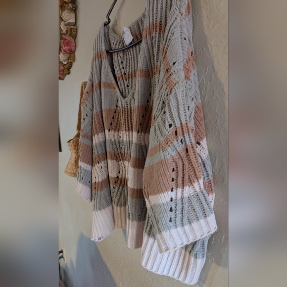 POL V-Neck Striped Sweater -Desert Sage Camel& Cream Cozy Soft Dropped Shoulder - Picture 9 of 13